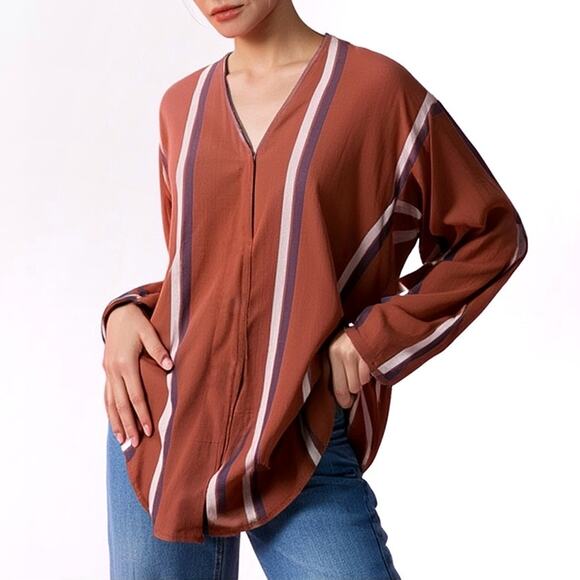 Roucha Striped Blouse Button Front Size B / Medium Earth Tones - Picture 1 of 14